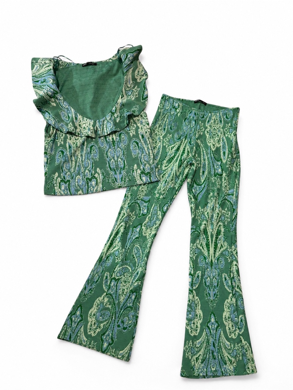 Zara Green Paisley Jacquard Ruffle Top & Flare Pants Matching Set Size M
